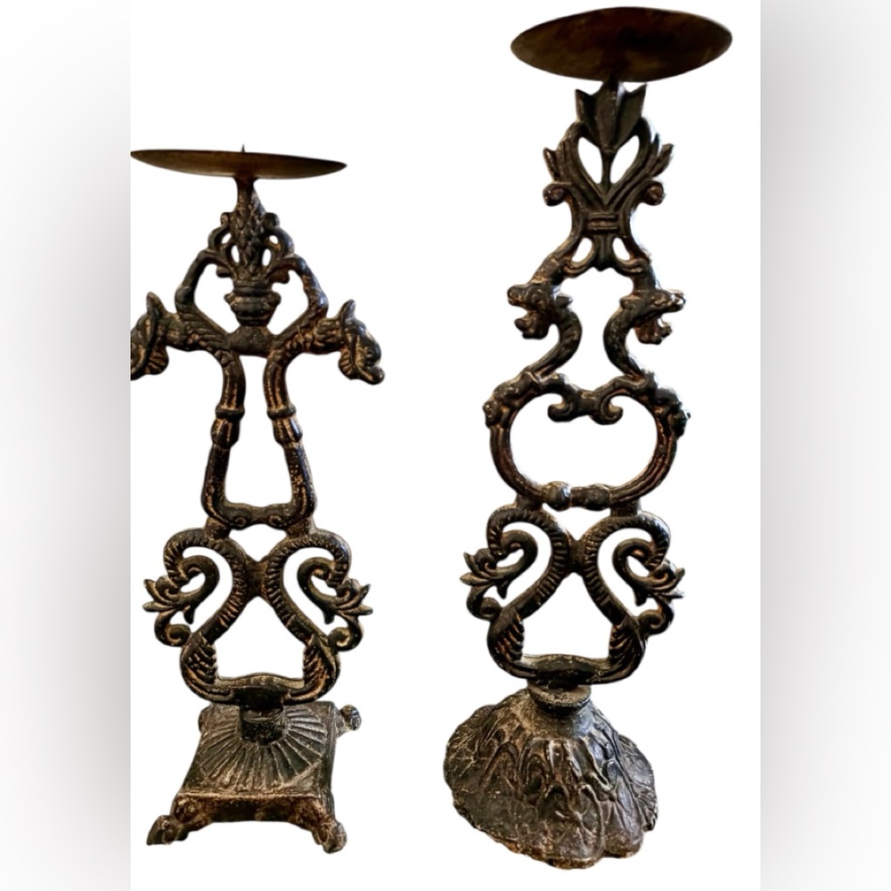 Pair of antique-style cast iron candle holders